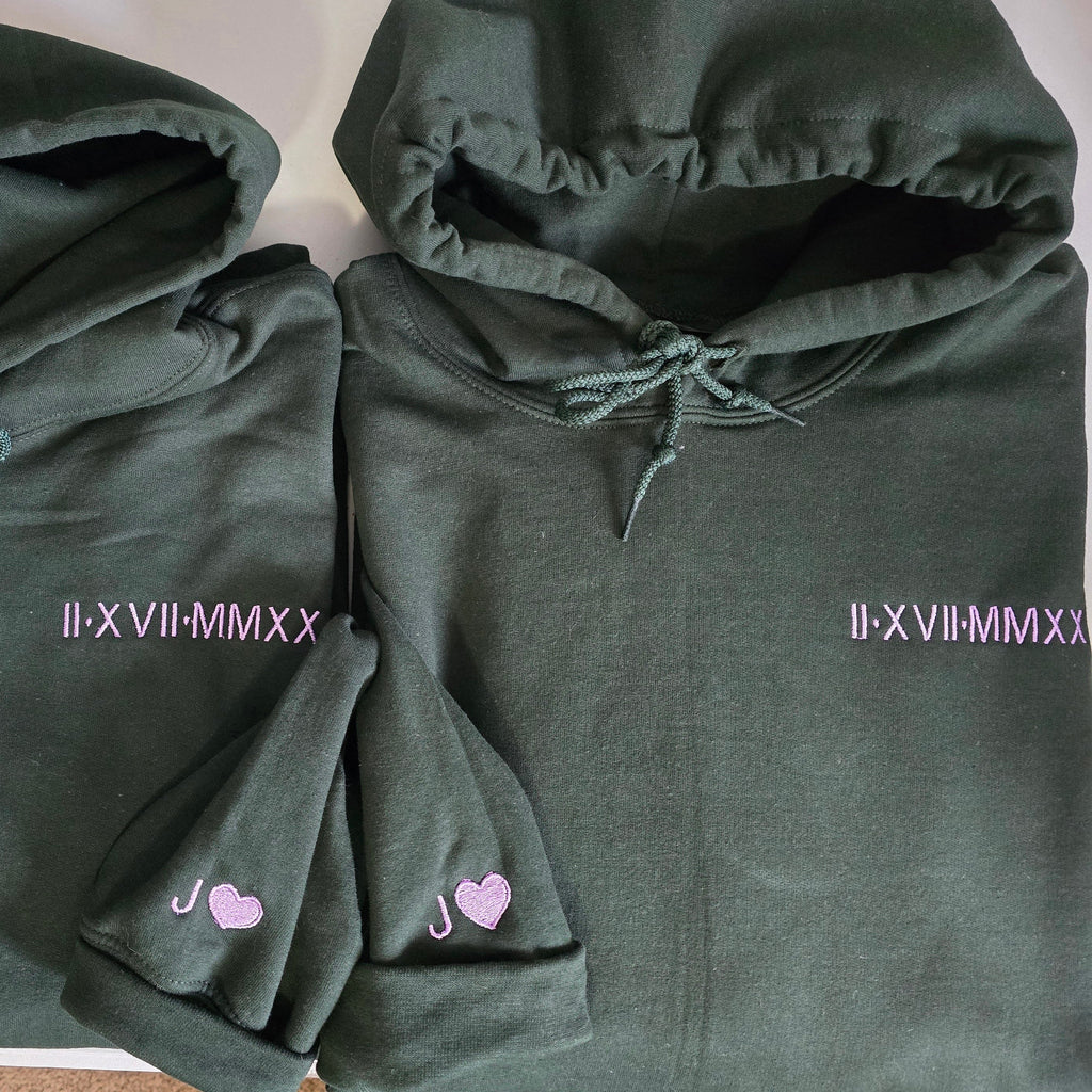 Roman Date Embroidered Couple Hoodies