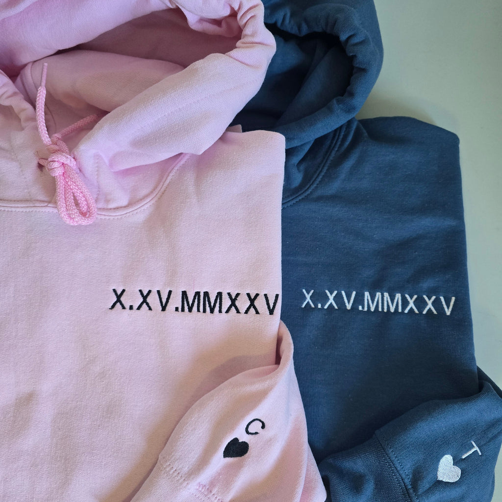 Roman Date Embroidered Couple Hoodies