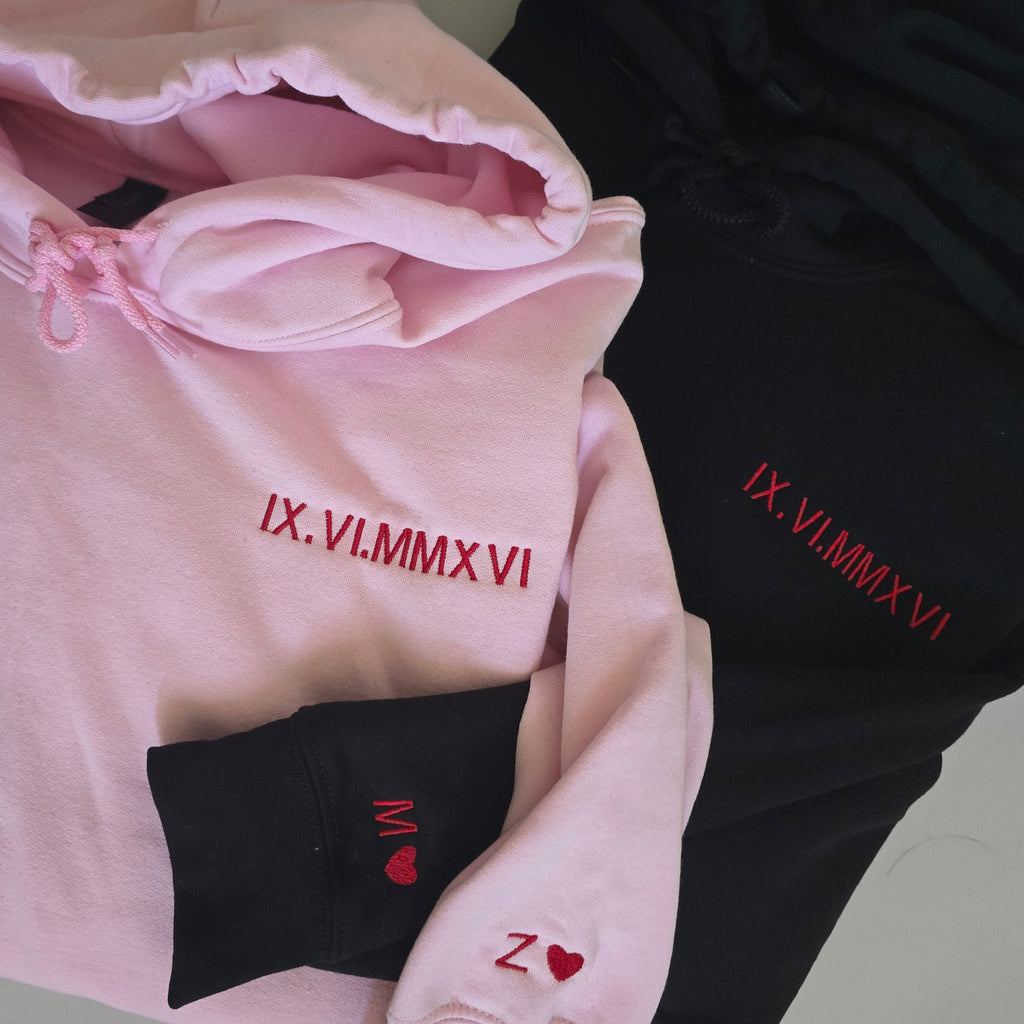 Roman Date Embroidered Couple Hoodies