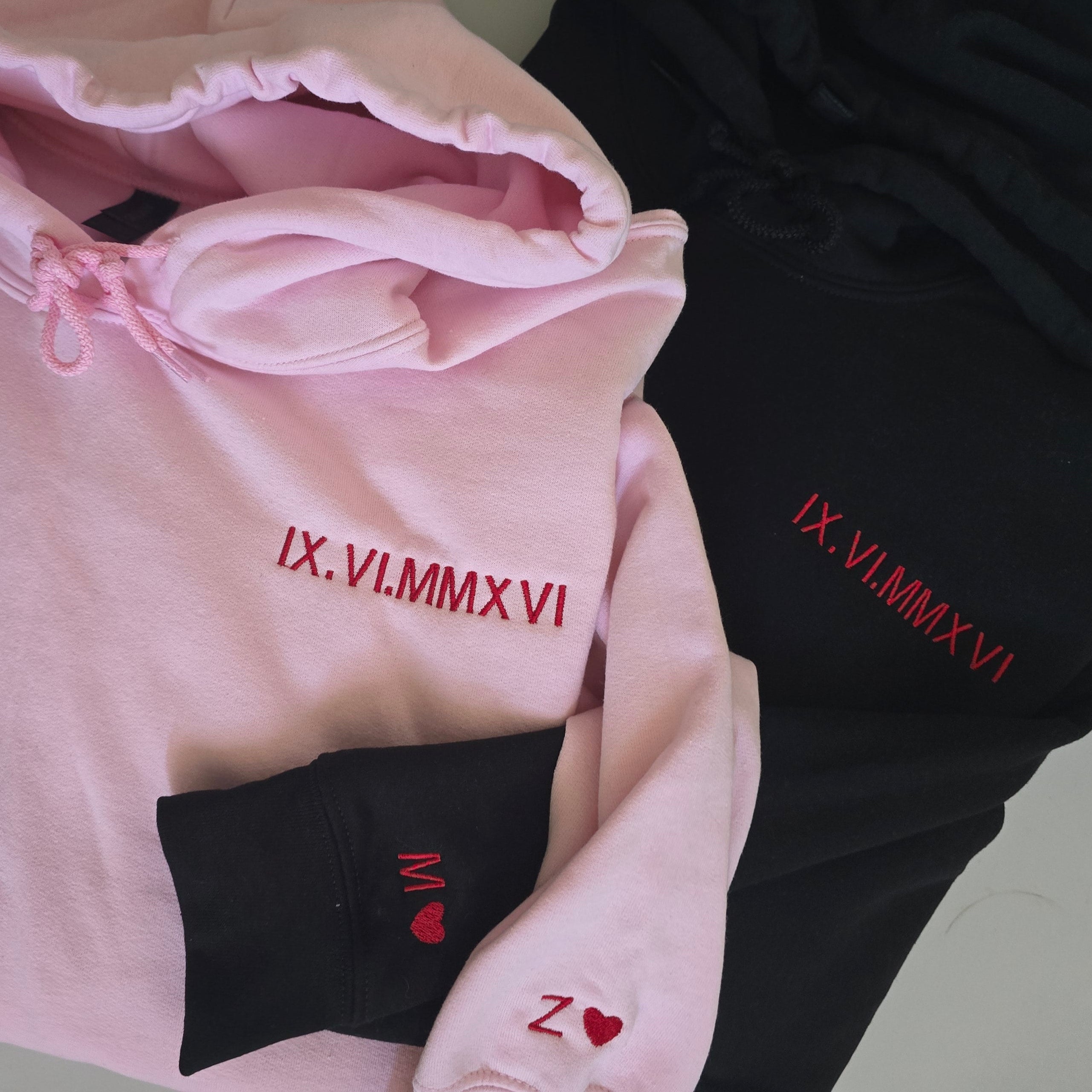 Roman Date Embroidered Couple Hoodies
