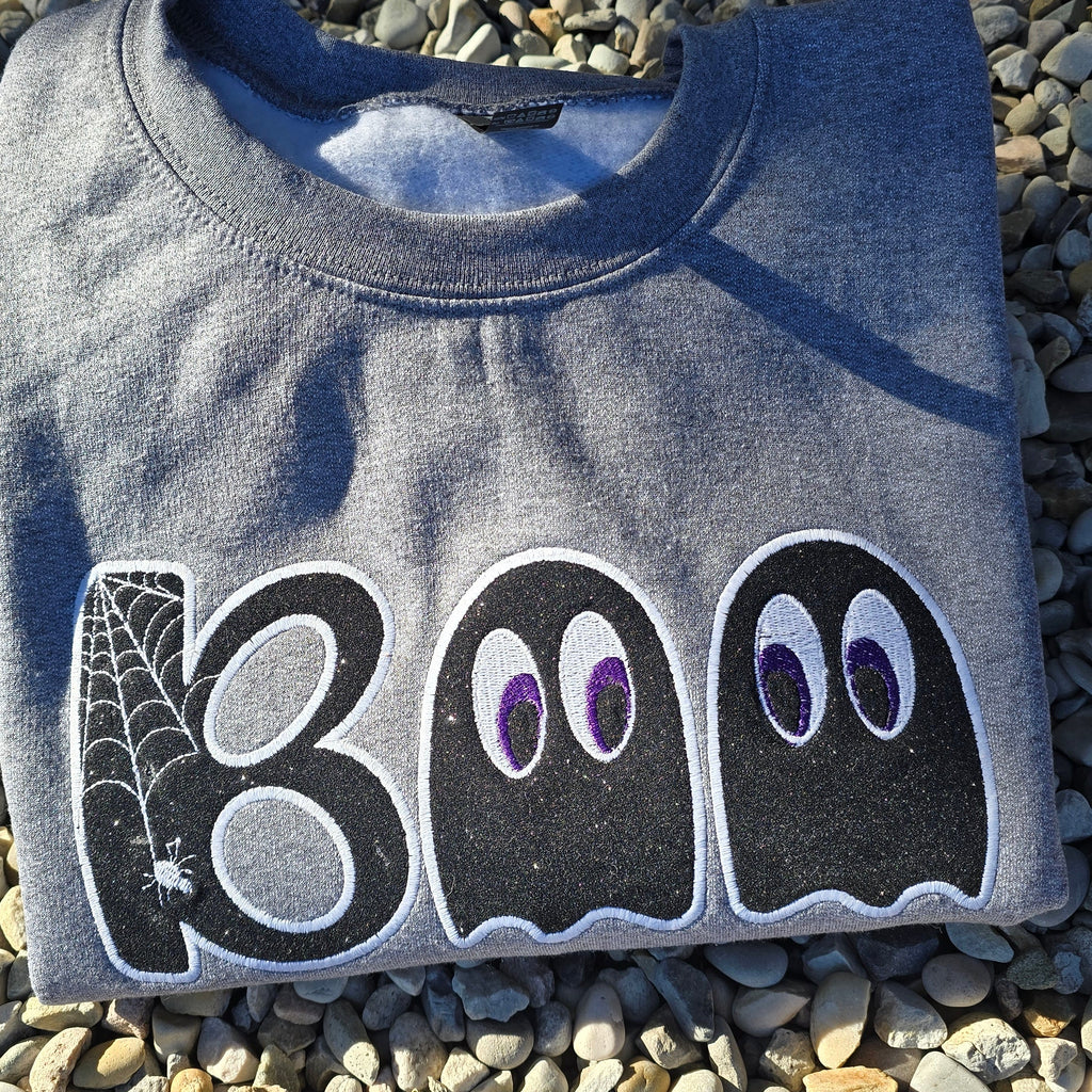 BOO (Sparkly Background with Glow In The Dark Thread)- CREWNECK