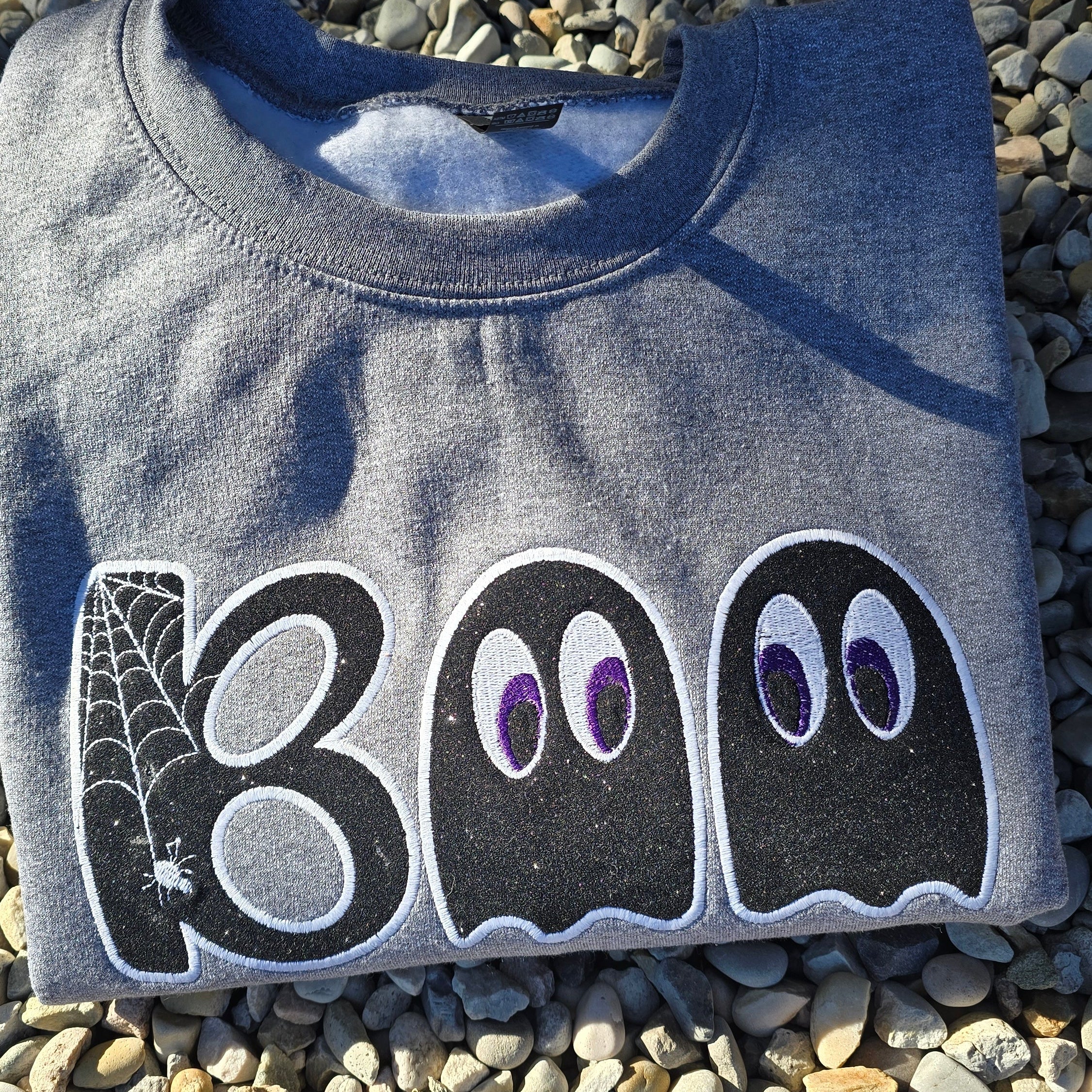 BOO (Sparkly Background with Glow In The Dark Thread)- CREWNECK